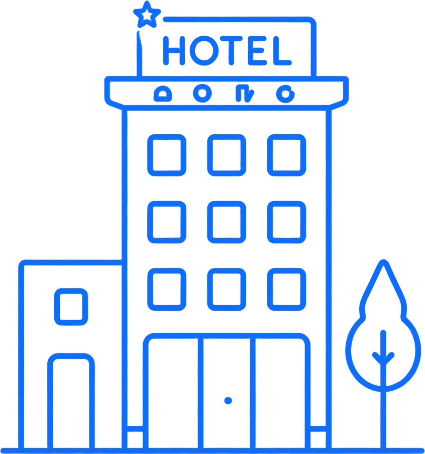 Blue line icon of a hotel building with windows, entrance, and a tree beside it