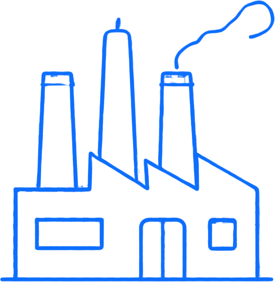 Blue line drawing of a factory with three smokestacks, one releasing smoke, and a door and windows below