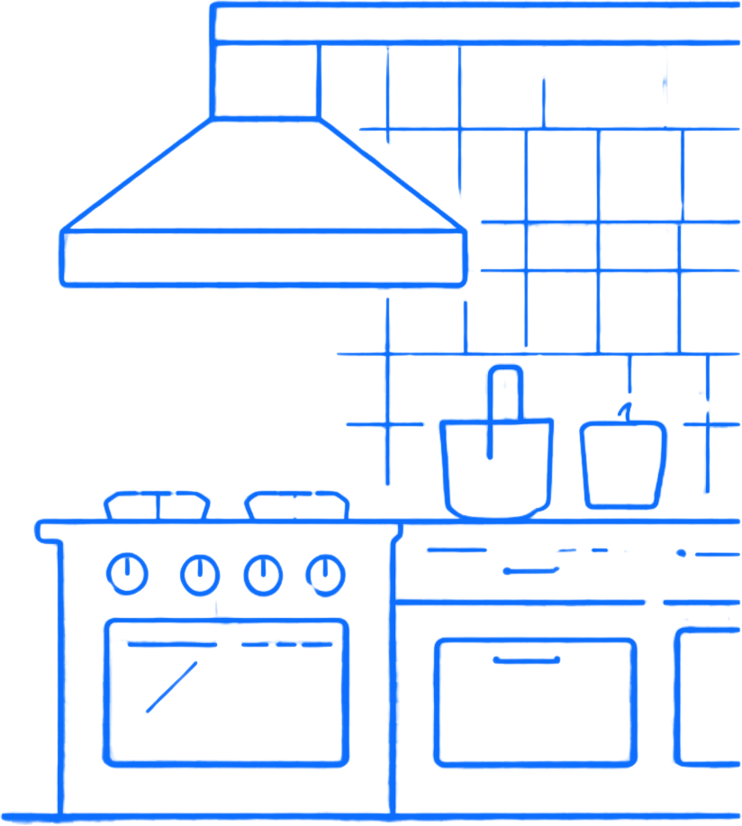 Blue line drawing of a kitchen with stove, oven, range hood, countertop, and tiled backsplash