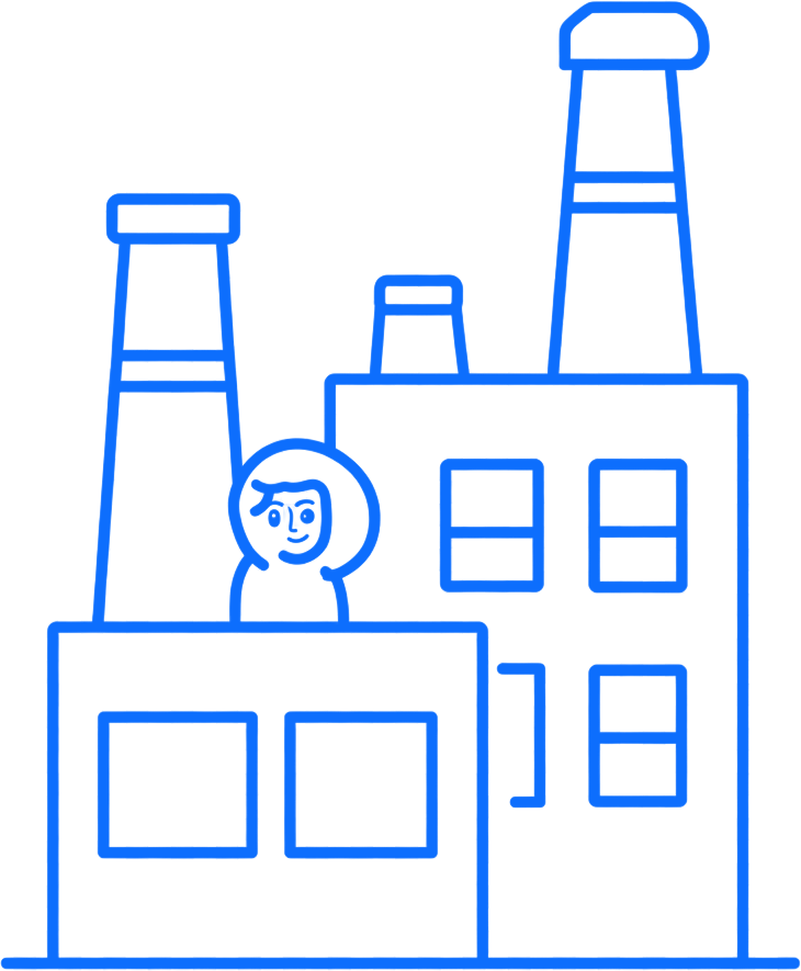 Blue line drawing of a factory building with smokestacks and a person standing in front