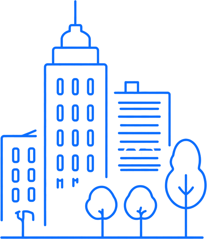 Blue line drawing of city buildings and trees in an urban skyline