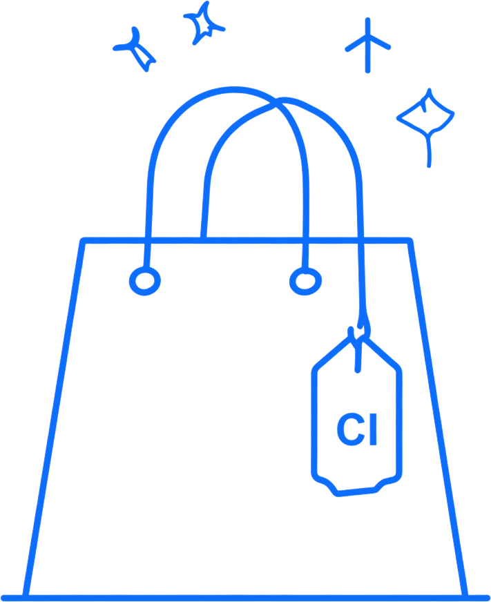 Blue line drawing of a shopping bag with a hanging tag labeled “Cl” and sparkles above it