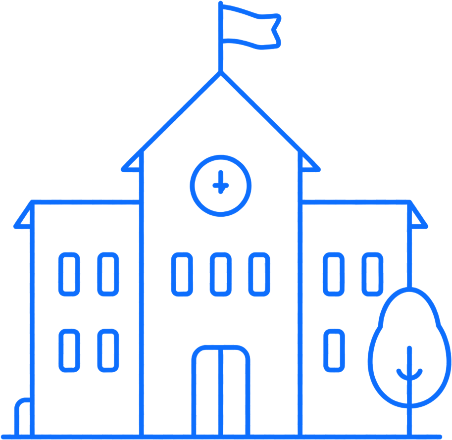 Blue line drawing of a school with a cross, flag, windows, and a tree