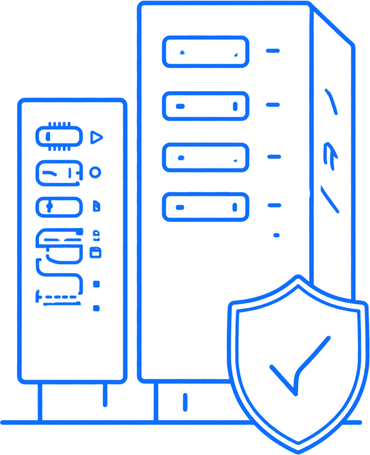 Blue outline of servers with a shield and check mark, symbolizing secure data protection