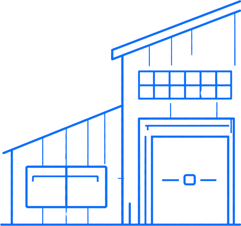 Blue line drawing of a warehouse with slanted roof, garage door, and front window