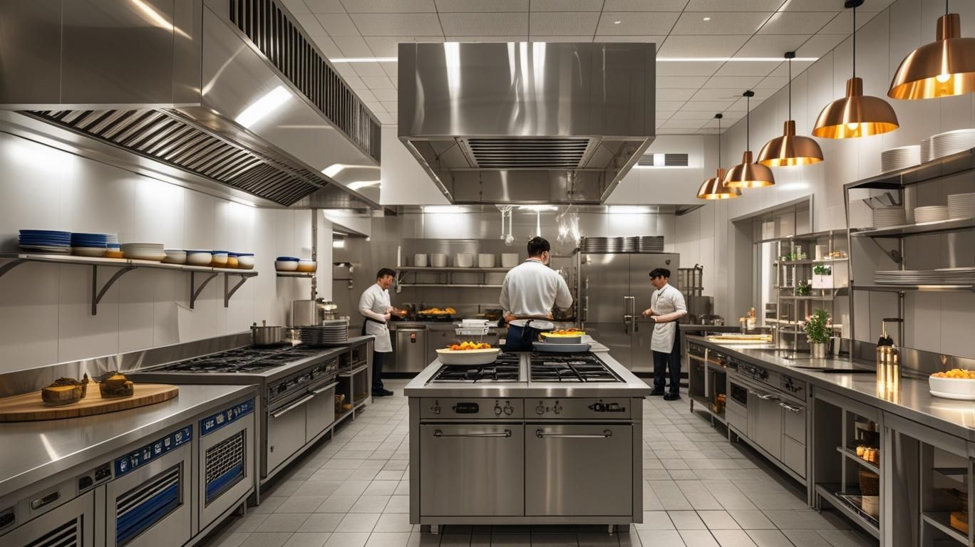 Modern commercial kitchen with stainless steel appliances, chefs working, and warm pendant lighting