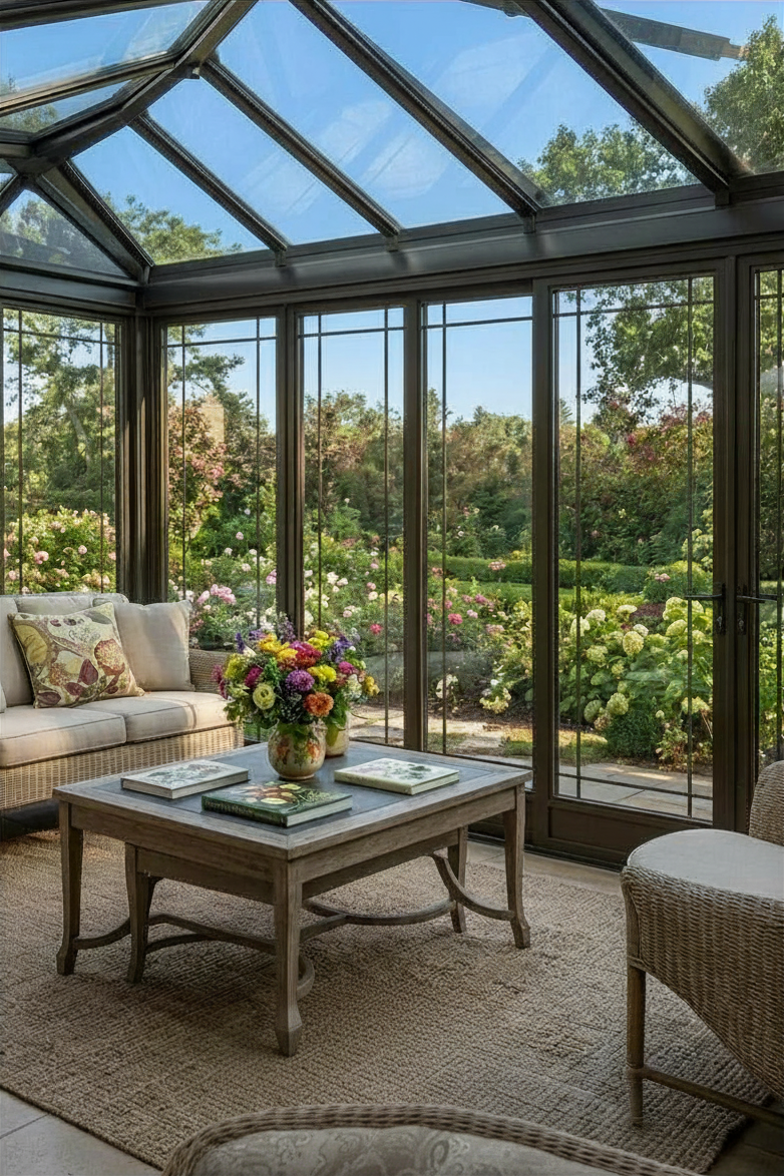 Sunroom with glass ceiling, wicker furniture, and a coffee table with flowers overlooking a garden.