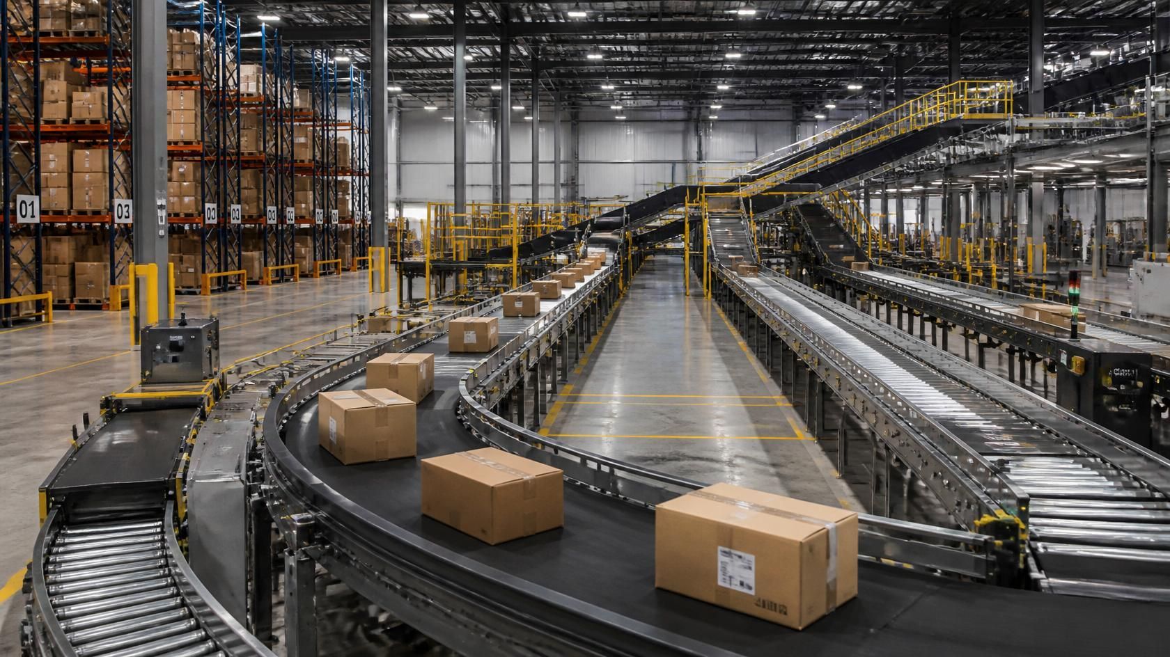 Large warehouse with conveyor belts moving cardboard boxes through an automated fulfillment center.