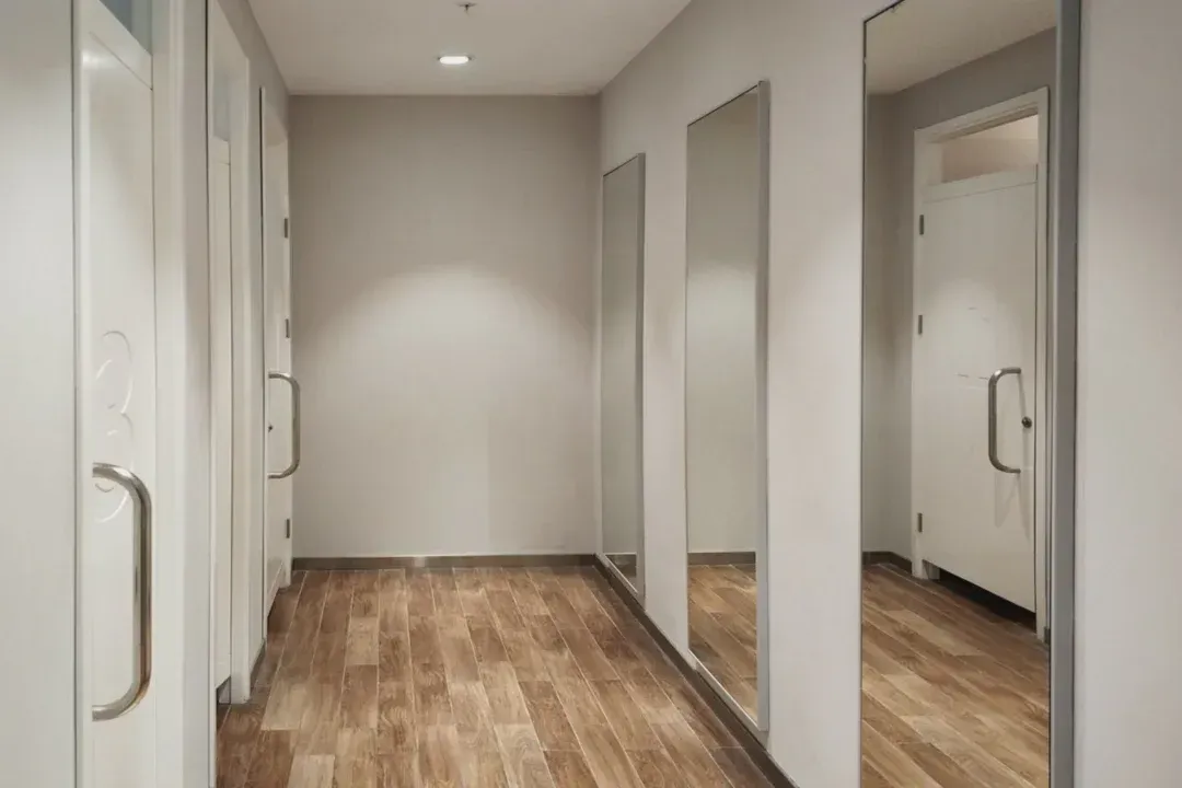 Modern hallway with white walls, wood flooring, and large mirrored panels along one side.