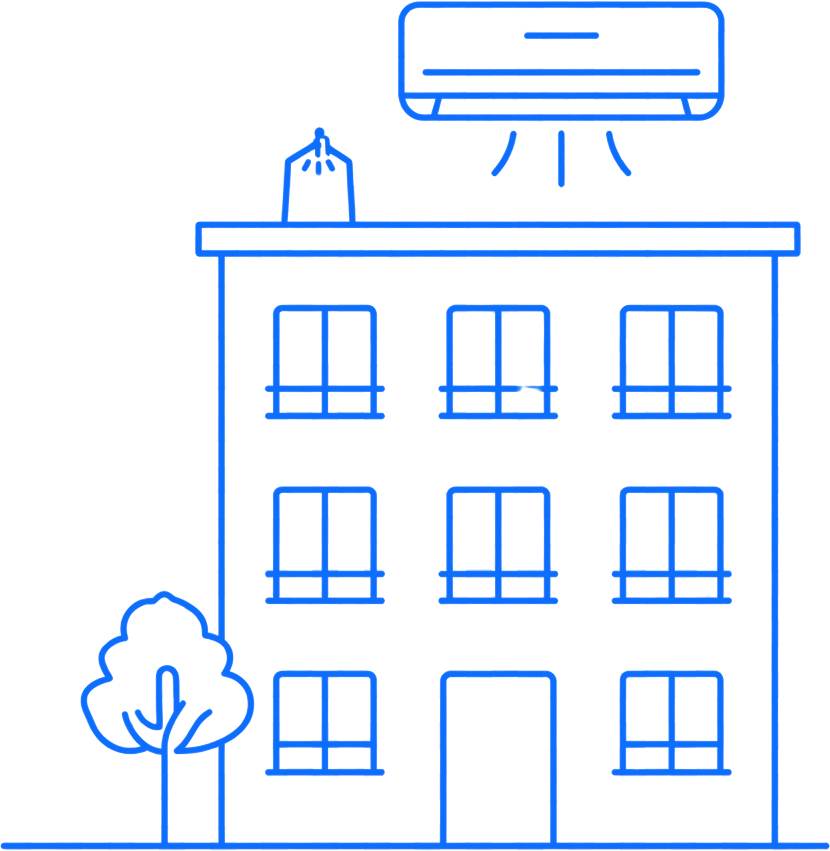Blue line drawing of a house with a rooftop air conditioner and a tree beside it