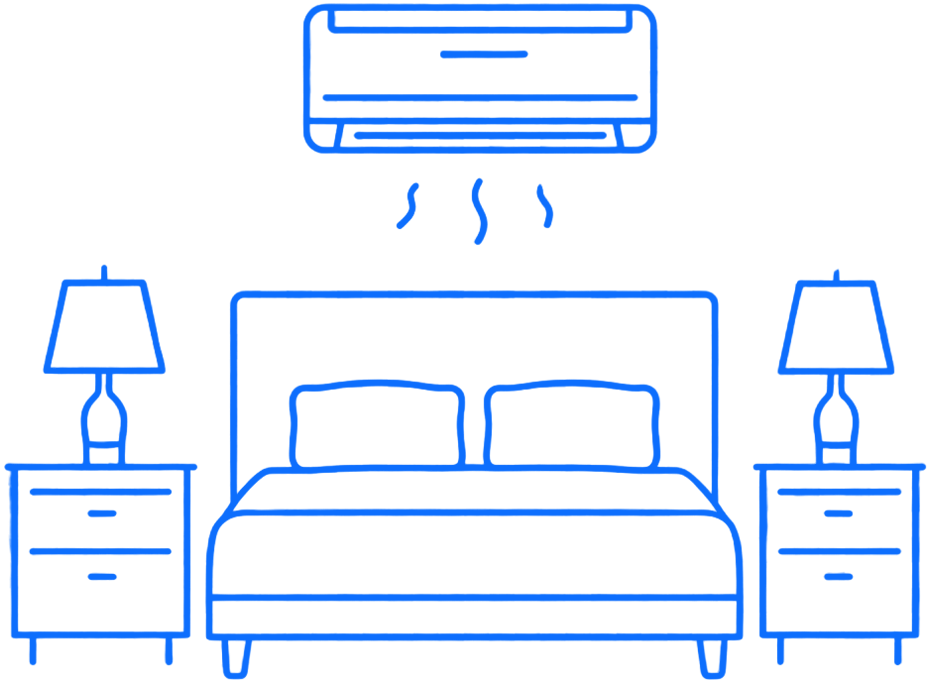 Blue line drawing of a bedroom with a bed, two nightstands, lamps, and a wall-mounted air conditioner above