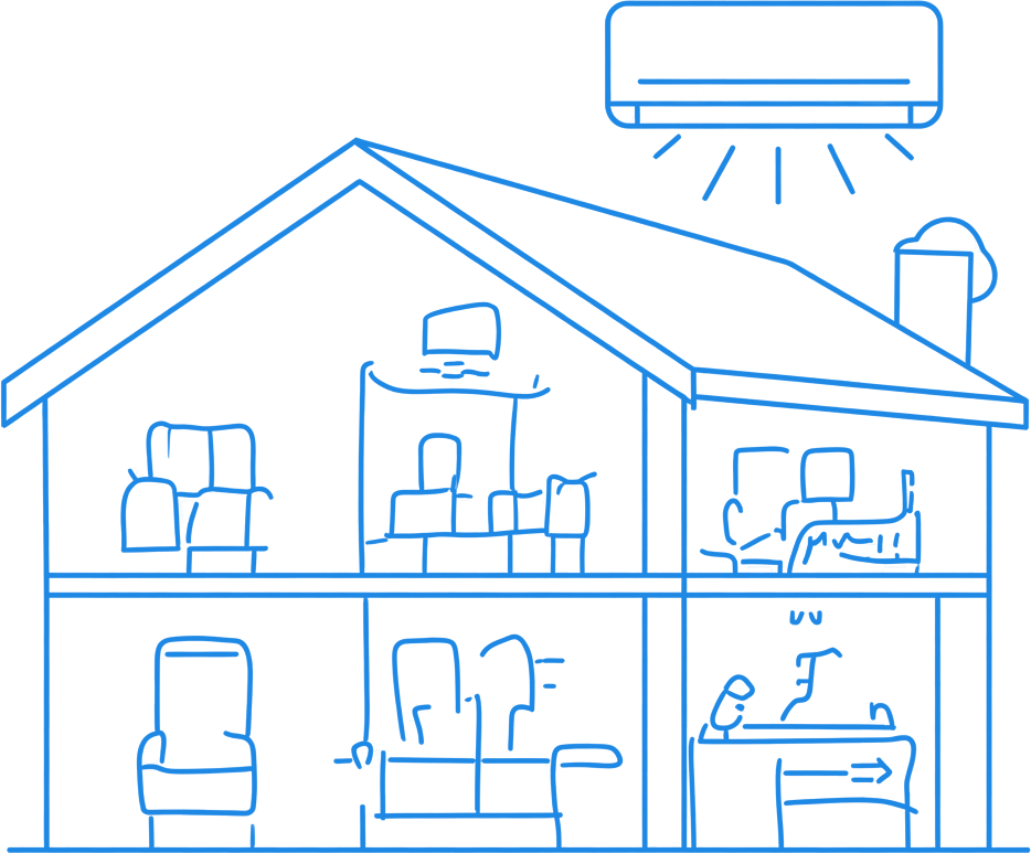 Blue line drawing of a house interior with air conditioner, furniture, and people in different rooms