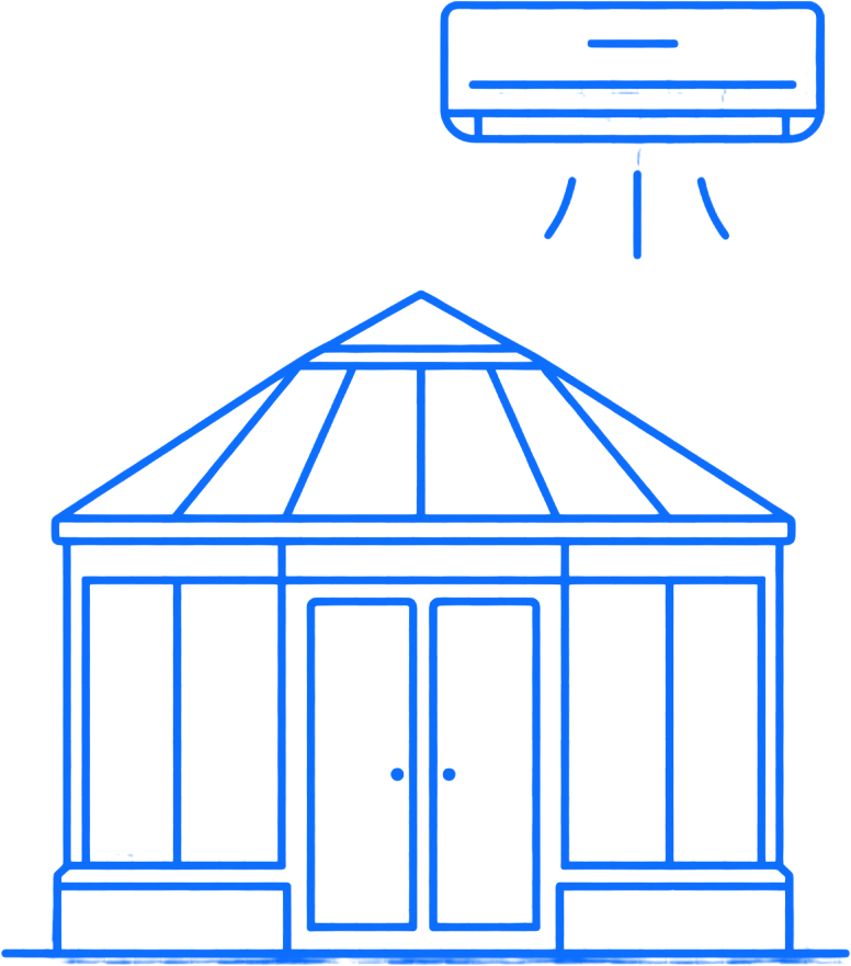 Blue line drawing of an air-conditioned house with a window AC unit above it