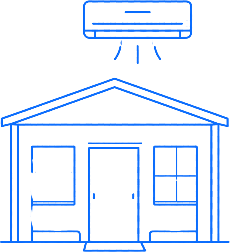 Blue line drawing of a house with a wall-mounted air conditioner above it