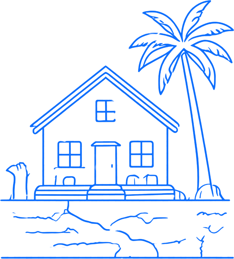 Blue line drawing of a house with a palm tree and beach shore in front