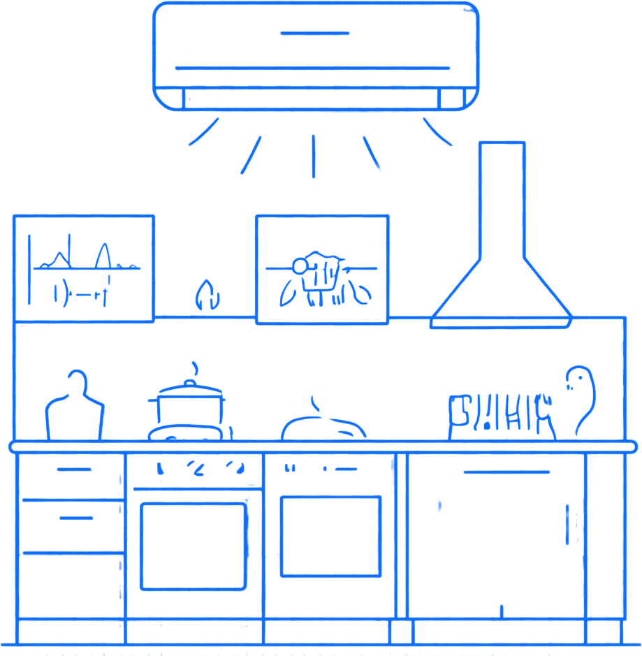 Blue line drawing of a kitchen with cabinets, stove, sink, range hood, and wall-mounted air conditioner