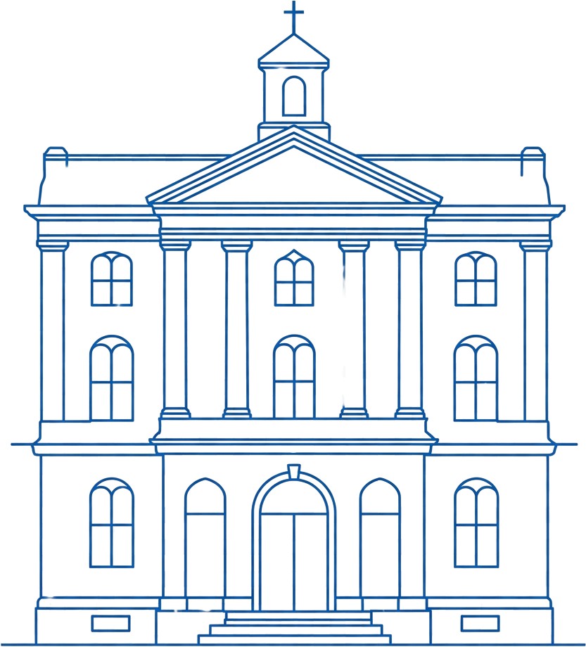 Blue line drawing of a symmetrical classical building with a central tower and arched windows