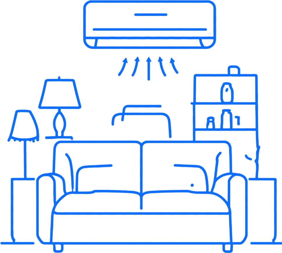Blue line drawing of a living room with sofa, lamps, shelves, and wall-mounted air conditioner