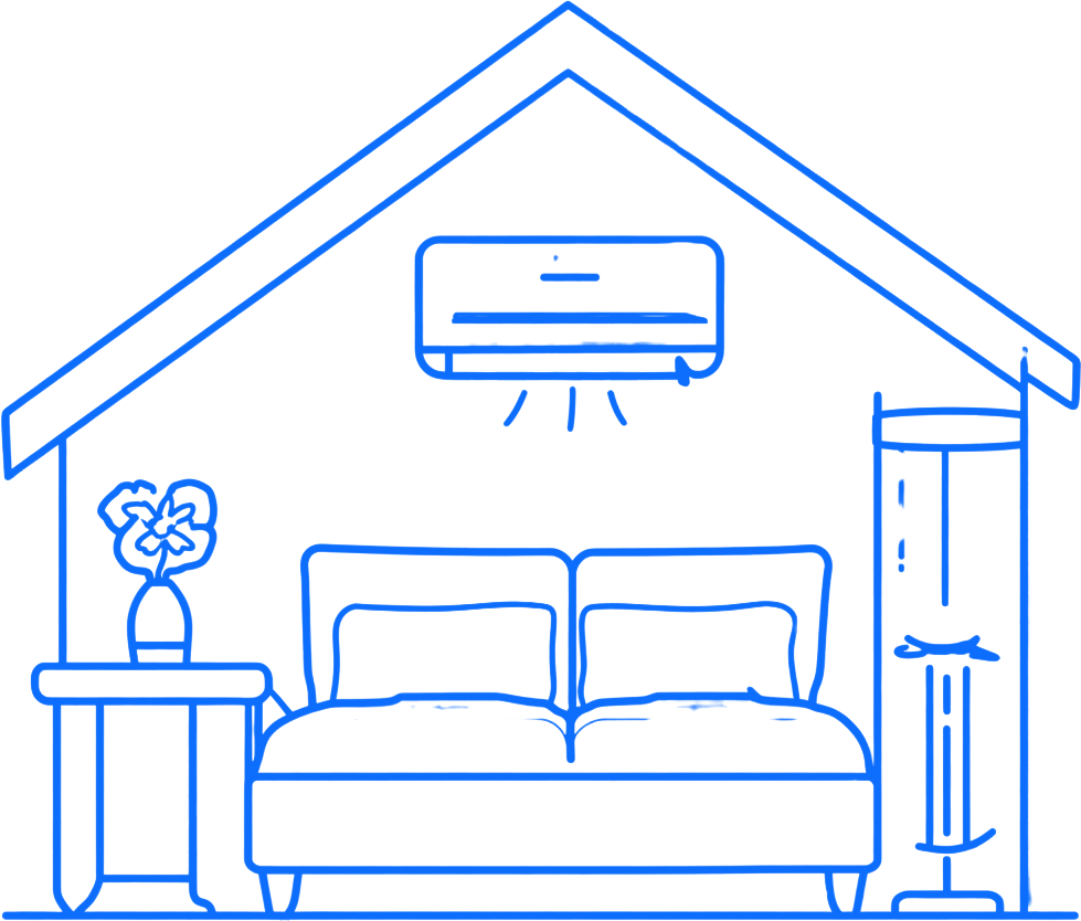 Line-art bedroom with bed, wall-mounted AC, side table, plant, and curtains under a sloped ceiling