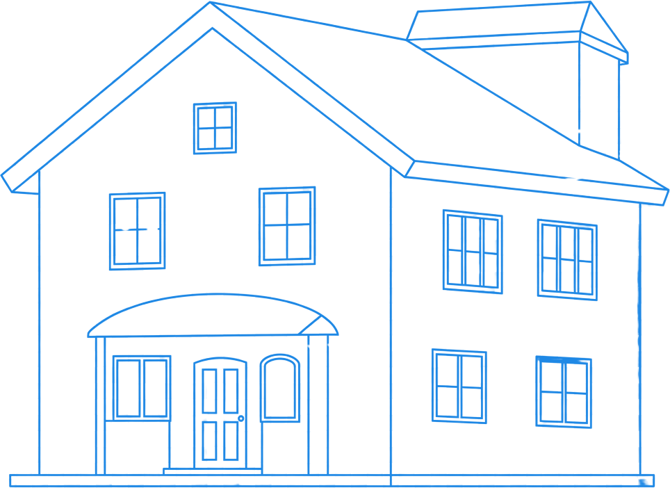 Blue line drawing of a house with a front porch and multiple windows