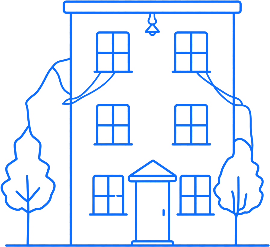 Blue line drawing of a house with a front porch and multiple windows