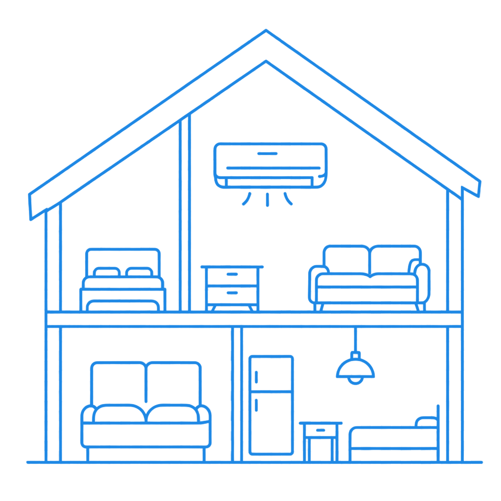Line drawing of a two-story house interior with furniture and an air conditioner upstairs