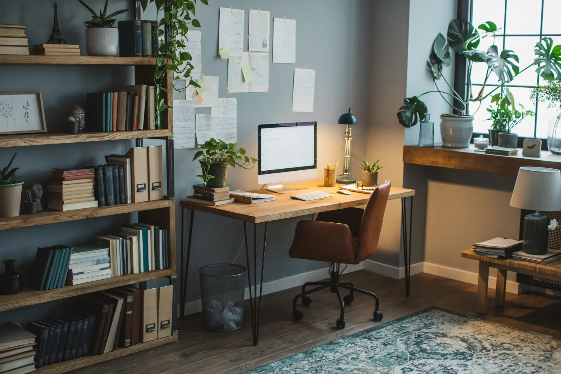 Cozy home office with desk, computer, bookshelves, plants, and natural light from a window