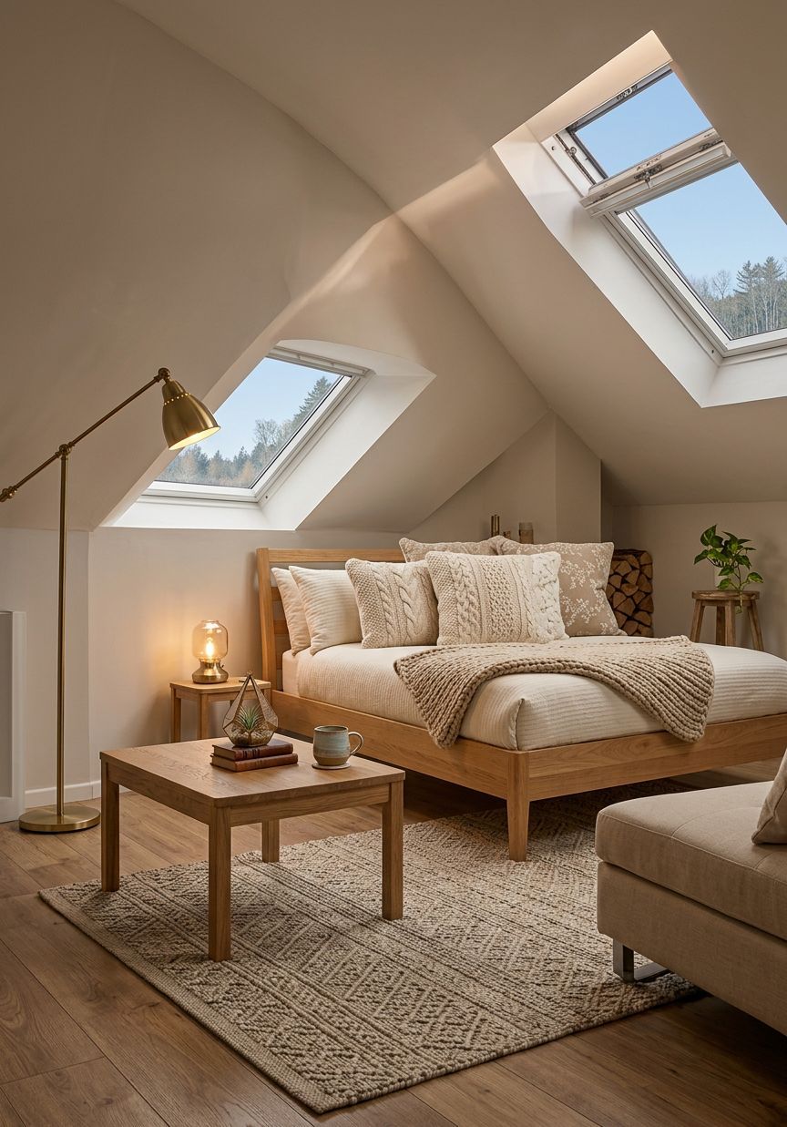 Cozy attic bedroom with a wooden bed, beige decor, skylights, and a small coffee table on a textured rug