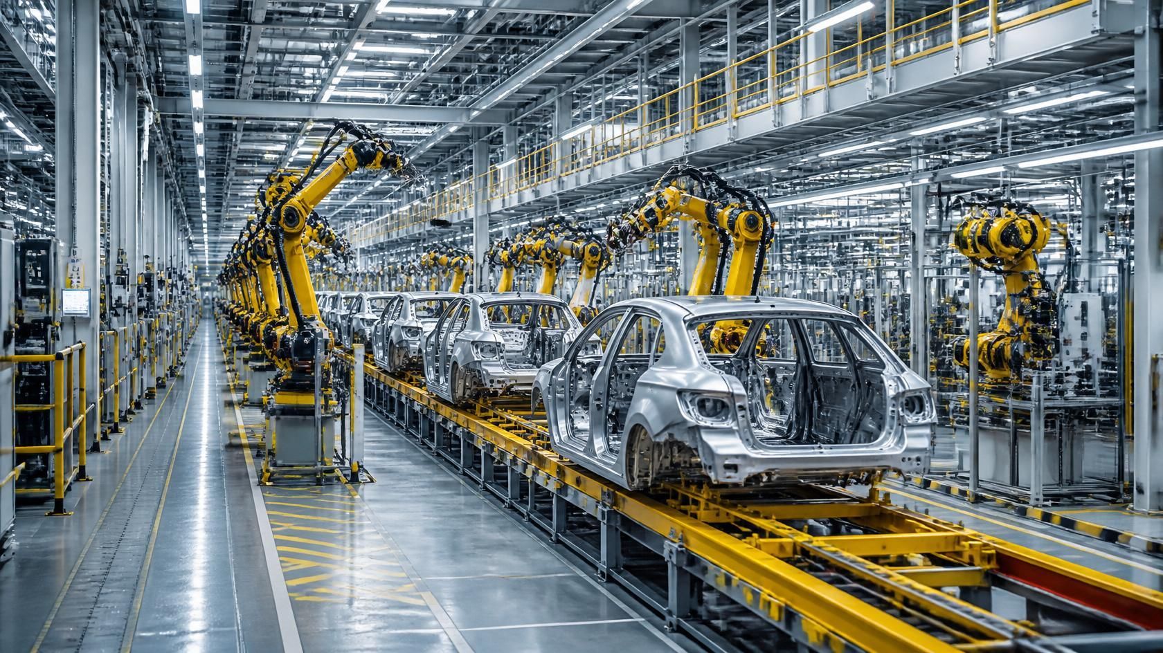 Automated car factory assembly line with robotic arms building a silver vehicle