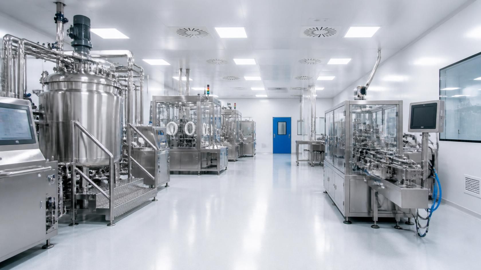 Bright sterile factory room with stainless steel tanks, pipes, and processing equipment
