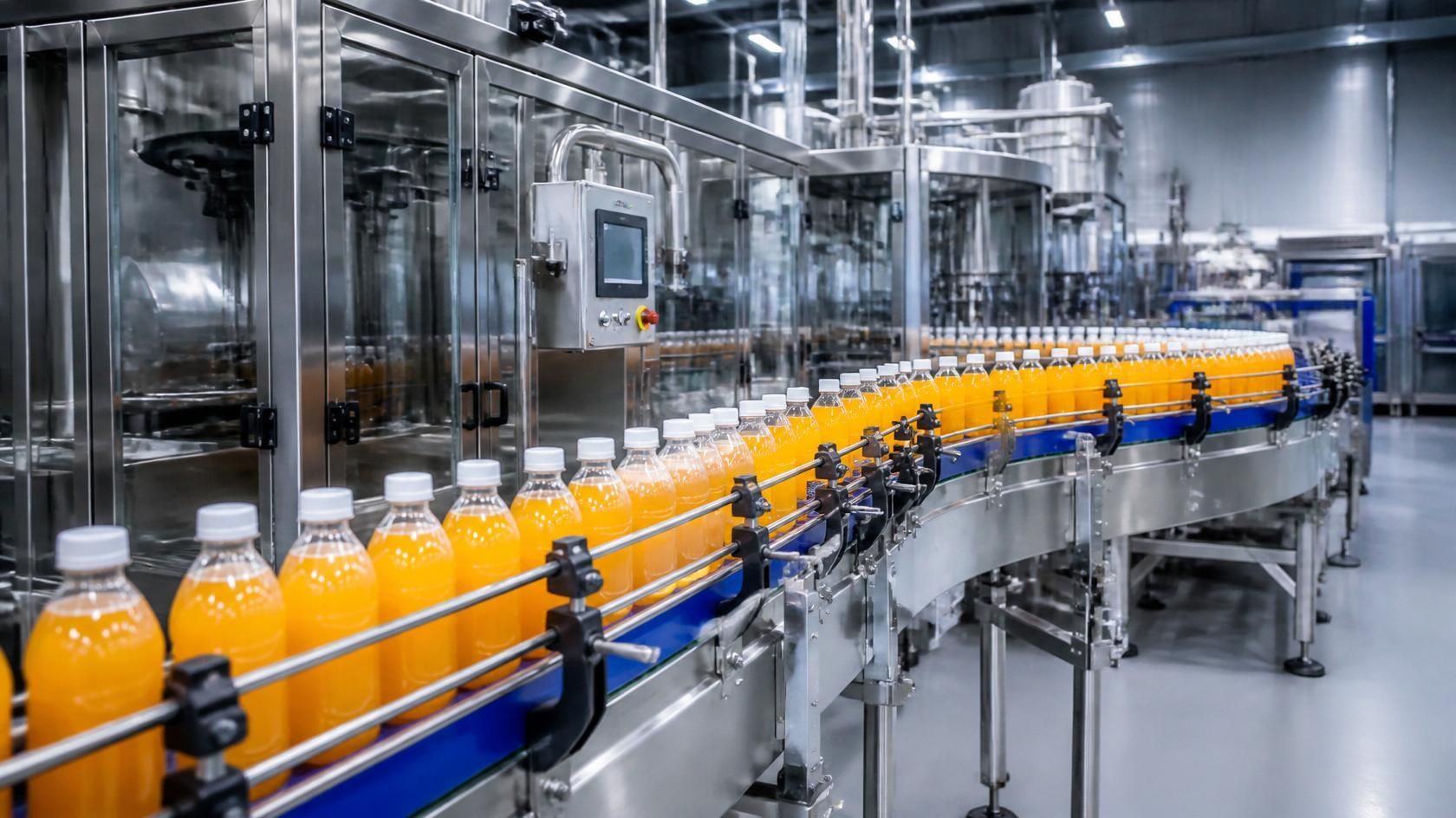 Orange juice bottles on a conveyor in a stainless steel bottling plant