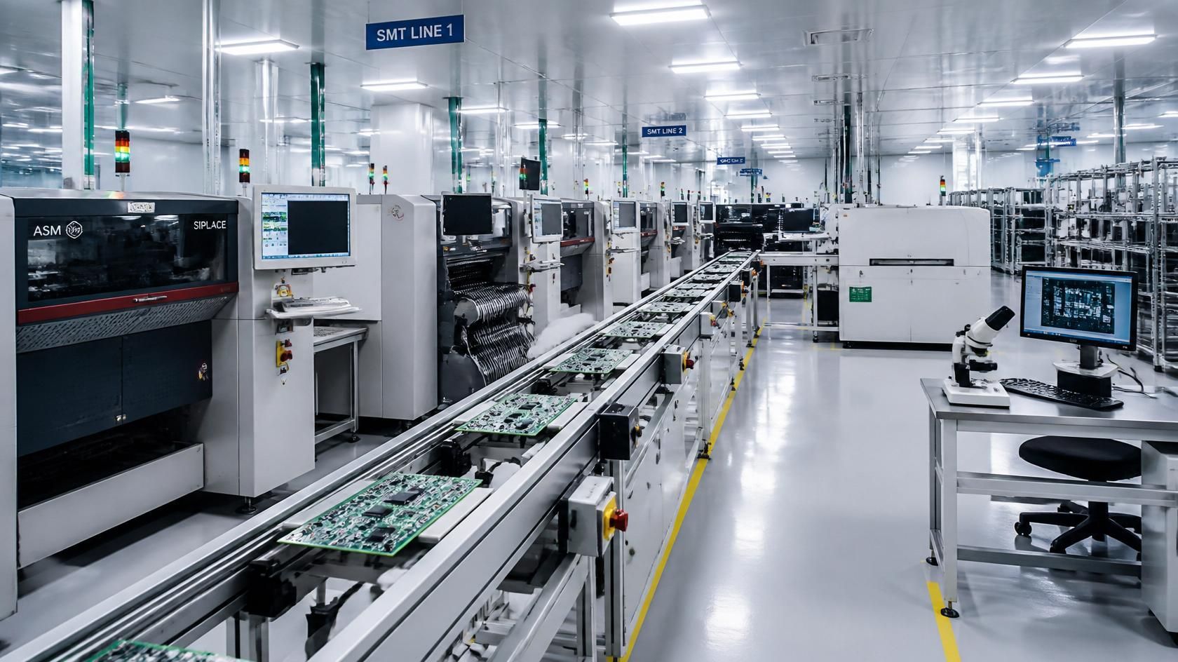 Bright factory floor with automated assembly machines and conveyor belts in a clean, modern facility