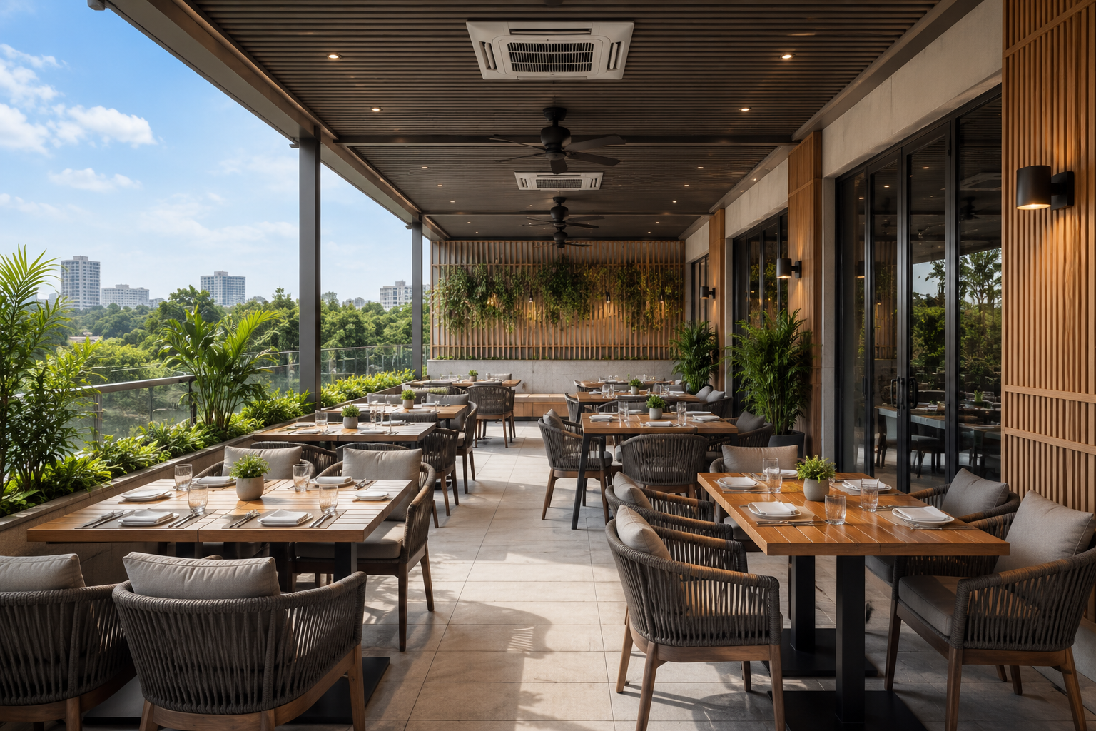 Outdoor restaurant patio with wicker tables and chairs, covered seating, and city greenery in the background