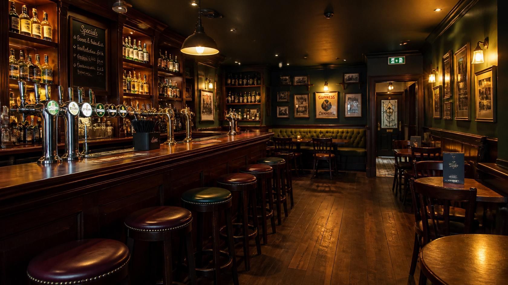 Dimly lit vintage bar interior with wooden stools, shelves of bottles, and warm amber lighting