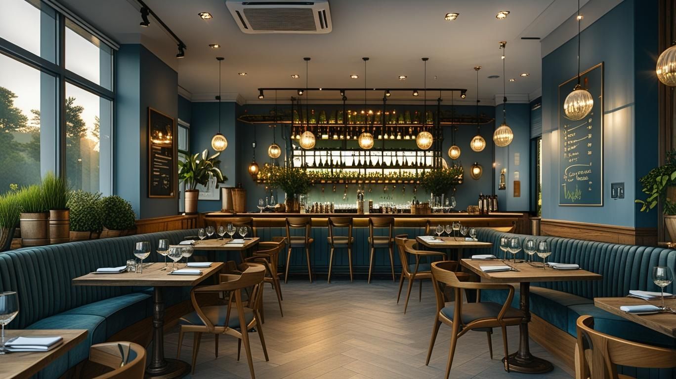 Stylish blue restaurant interior with empty tables, bar seating, and warm pendant lights
