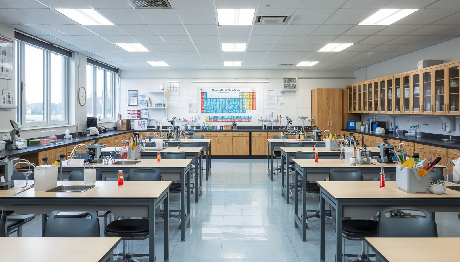 Bright science classroom with lab tables, stools, cabinets, and windows along the left wall.