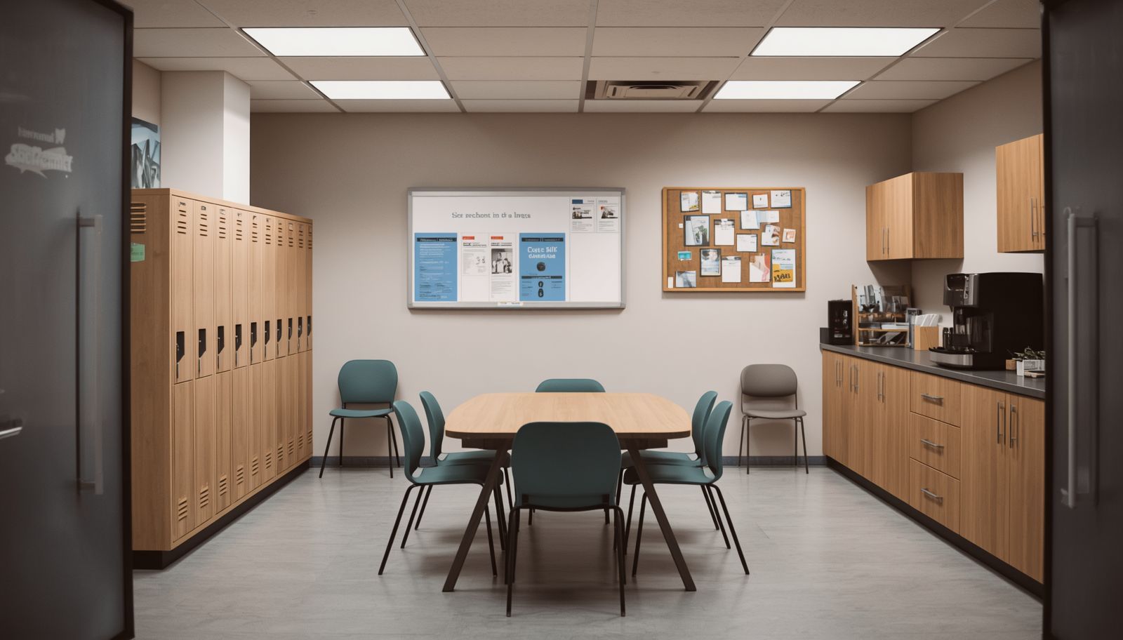 Empty meeting room with round table, chairs, lockers, cabinets, and bulletin boards under fluorescent lights