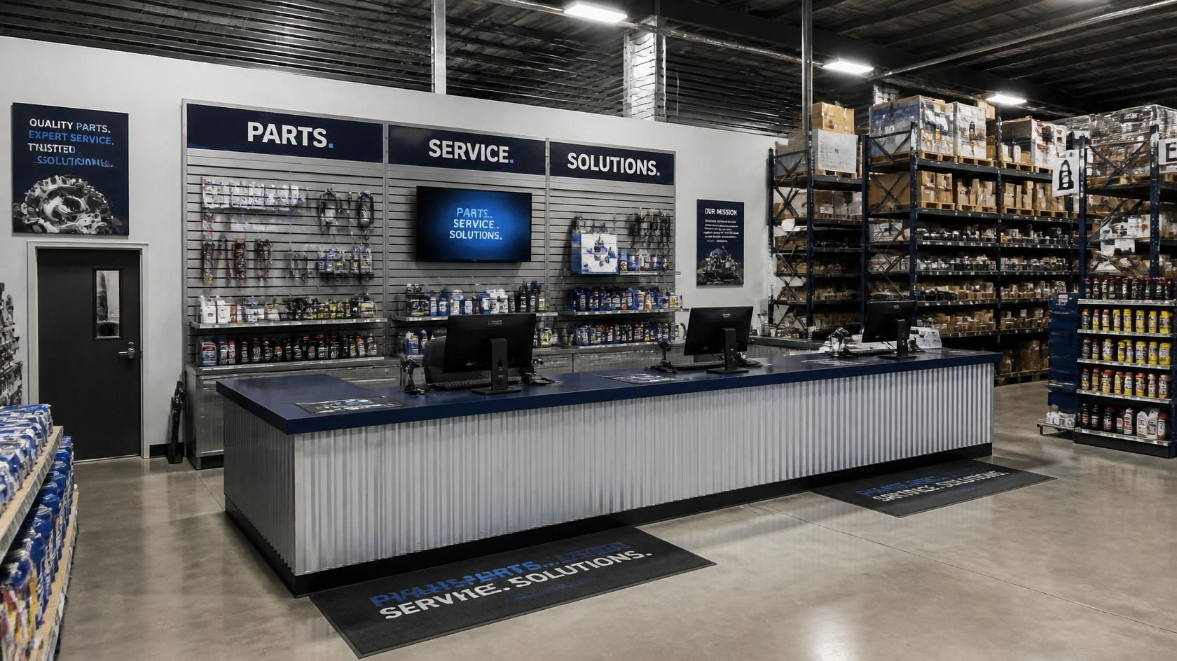 Auto parts store counter with parts, info, and literature displays behind it
