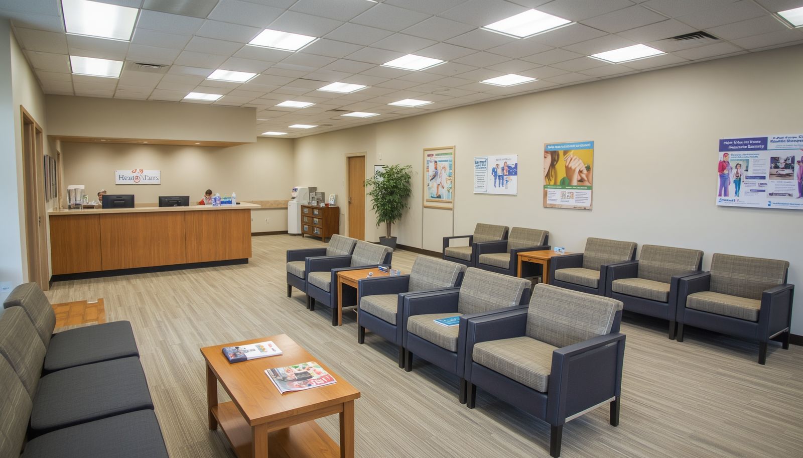 Empty waiting room with gray chairs, wood reception desk, carpeted floor, and posters on beige walls.