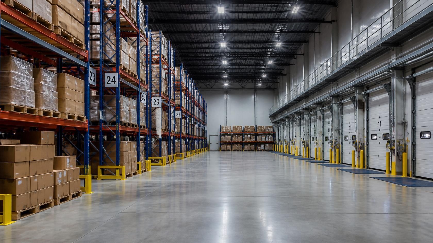 Empty warehouse aisle with tall shelving, stacked boxes, and polished concrete floor