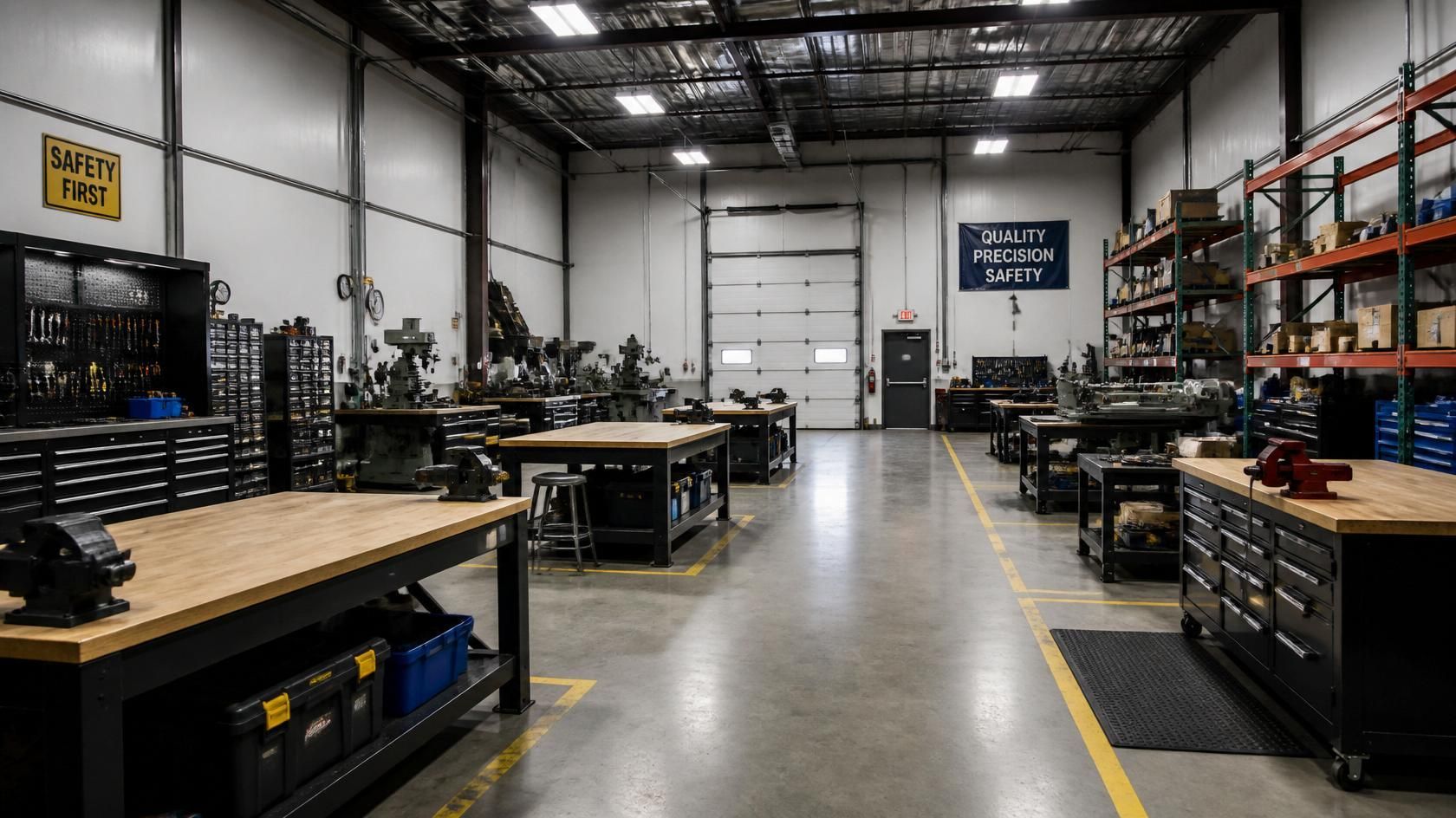 Industrial workshop aisle with workbenches, tool cabinets, and shelving under bright overhead lights.