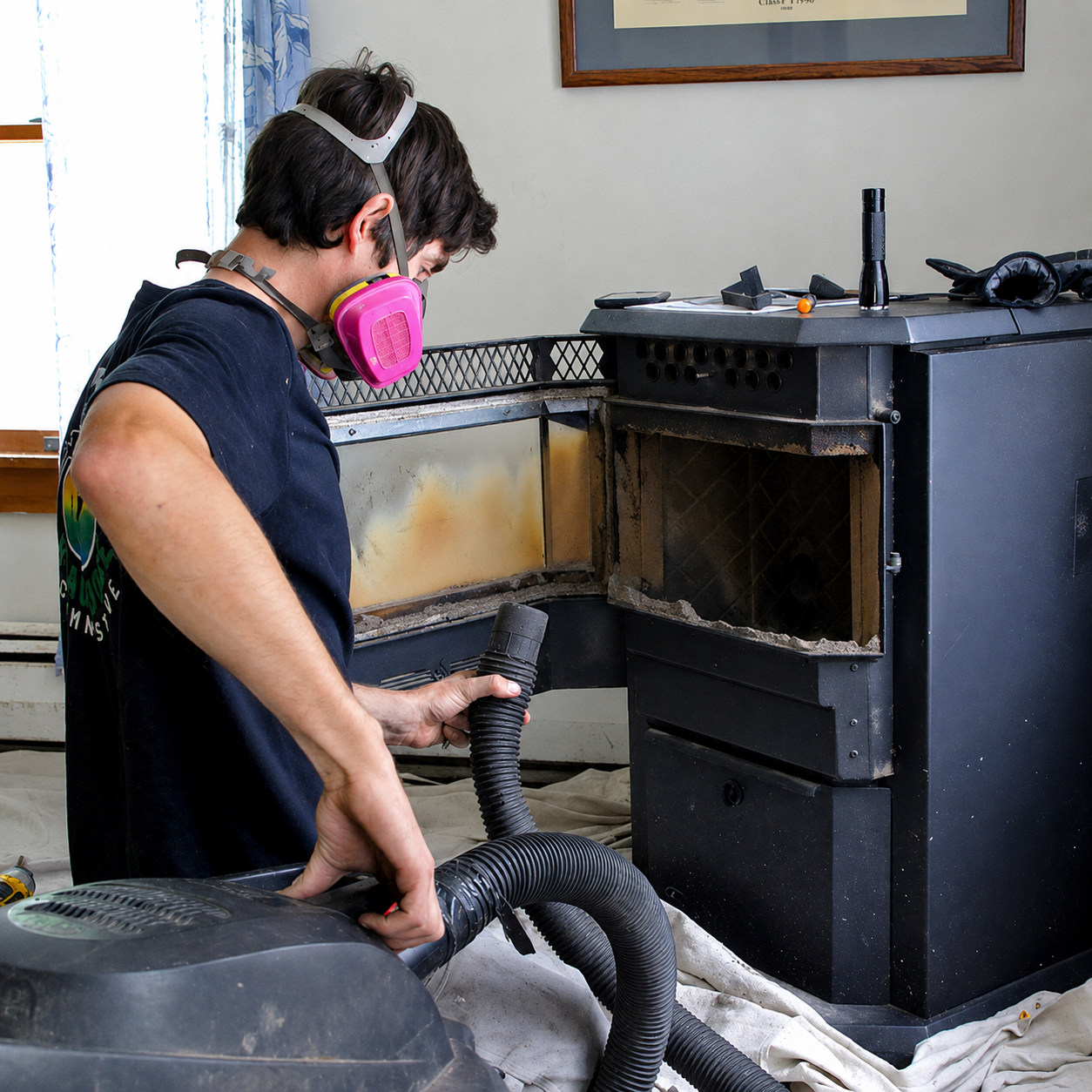 Worker in a pink respirator cleaning a black industrial stove with a vacuum hose.
