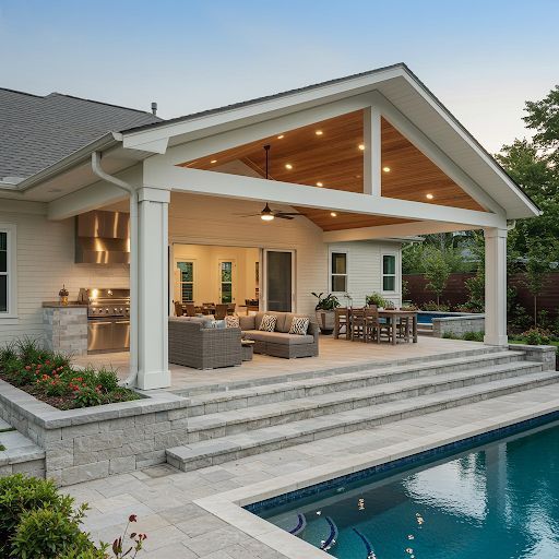 Modern backyard patio with covered seating, outdoor kitchen, and a swimming pool at dusk