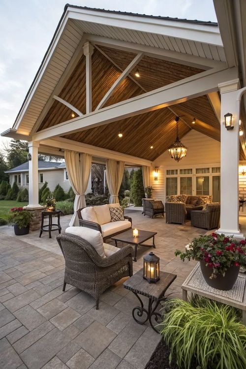 Covered patio with wicker seating, warm lights, and a vaulted wood ceiling at dusk