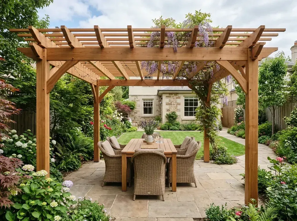 Wooden pergola over a wicker dining set in a lush garden patio with flowers and stone paving