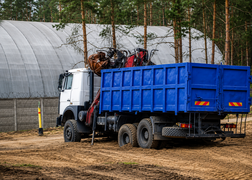White truck with green cargo bed parked in a muddy wooded area near a greenhouse structure