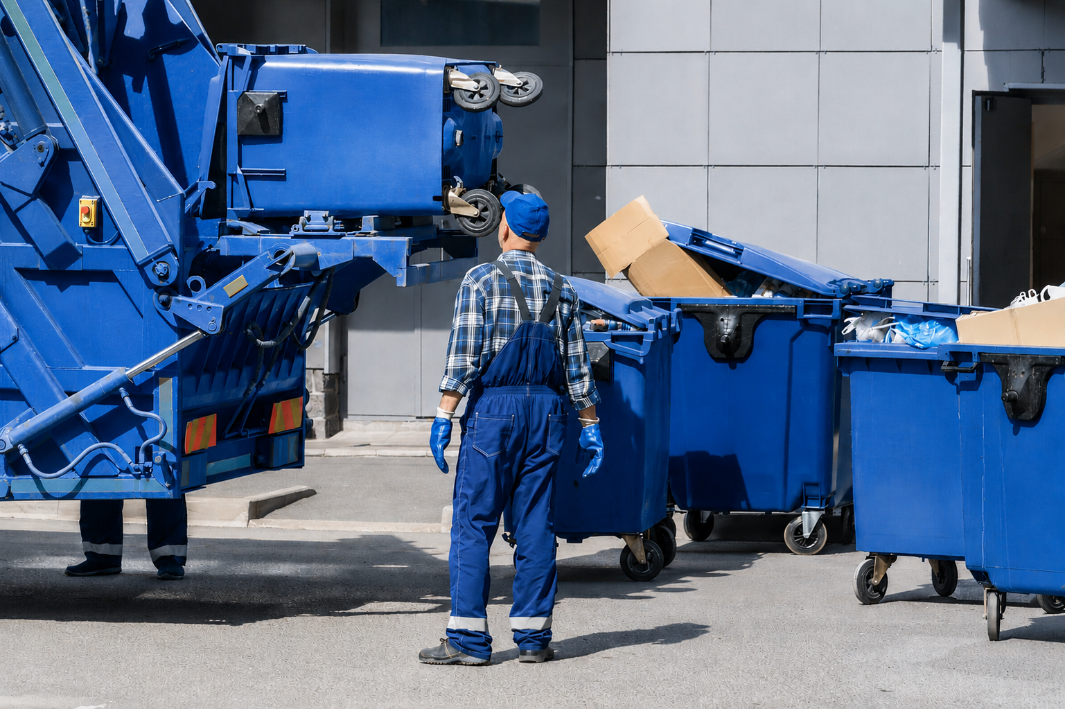 Garbage truck tipping a green bin while a worker stands nearby in a waste collection area