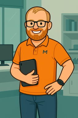 Cartoon project manager in orange shirt and glasses – Office Jim character