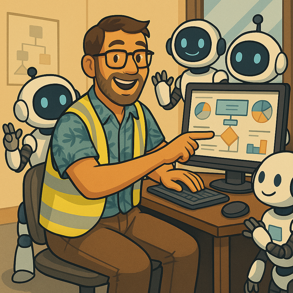 Cartoon showing AI helping small business when implimented by Methodology Man Ltd, Chesterfield, UK