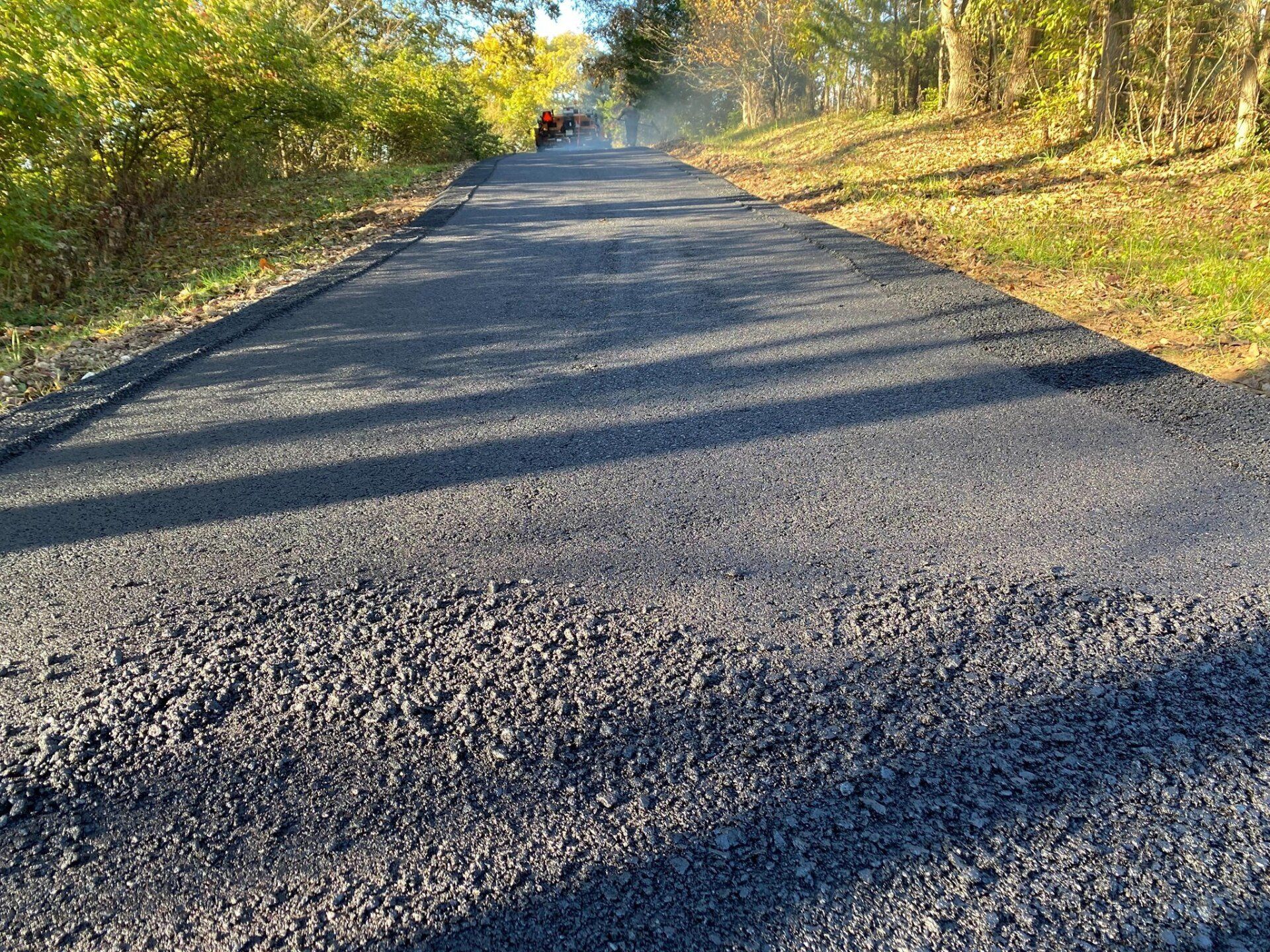 Sunlit gravel road through trees with long shadows stretching across the pavement